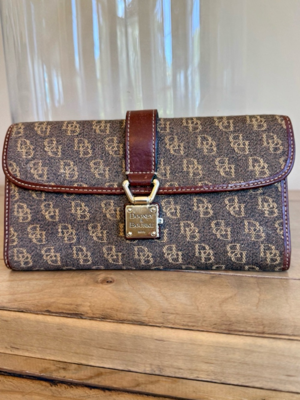 VINTAGE CHOCOLATE BROWN DOUNEY & BOURKE Y2K MONOGRAM PISTON LOCK LONG WALLET